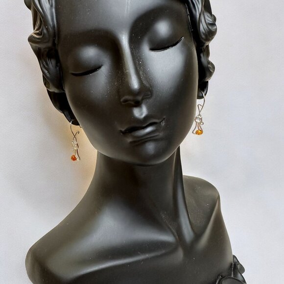 Sterling Silver 925 Petite Baltic Amber Silver Kitten Earrings - Picture 4 of 12